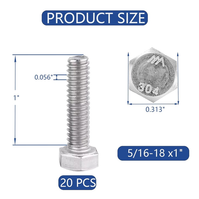 JROUTH 5/16-18 x1 Hex Head Screw Bolt (20PCS), Lock Nuts,Flat & Lock Washers Kits,304 Stainless Steel 18-8,Fully Threaded. - Image 2